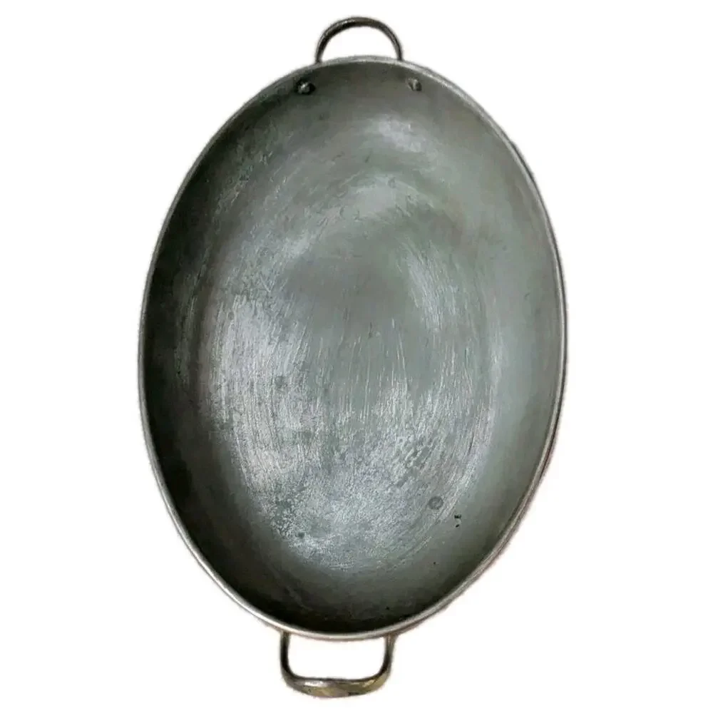 Vtg Copper Oval Gratin Pan Tin Lined Brass Handles Hammered Roasting Baking Dish